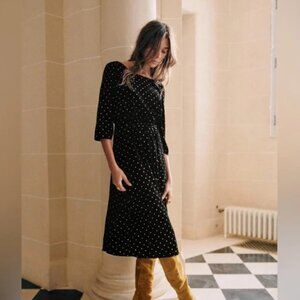 Sezane Adelma Dress Midi Black Velvet with Glitter Polka Dots